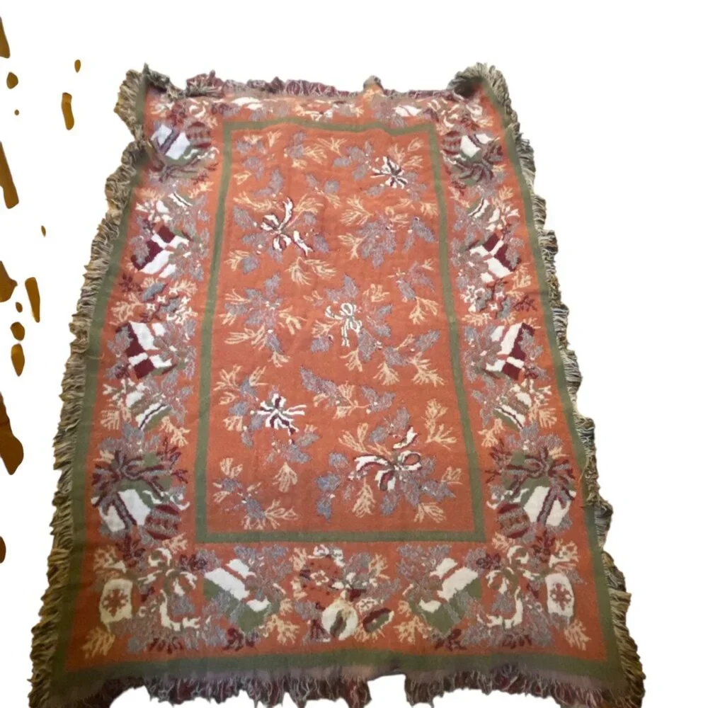 Vintage Beacon Christmas Tapestry Throw Blanket Reversible‎ Bells Ornaments USA